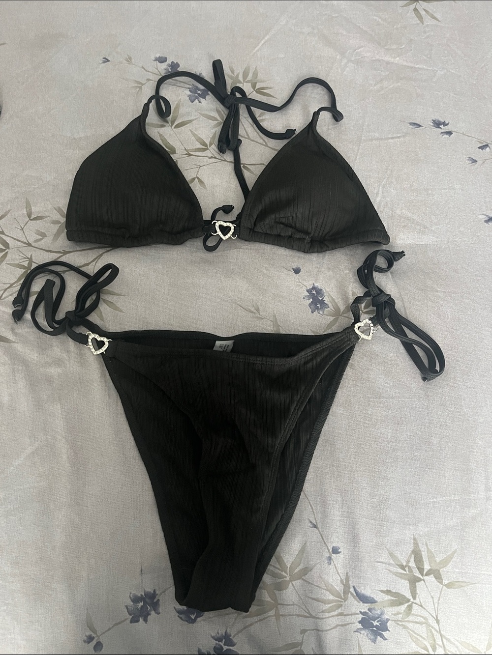 Black Heart-Accent Tie-Side Bikini Set - Women Swim